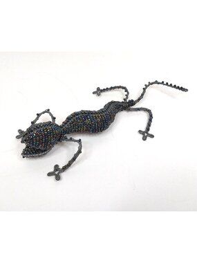 Beaded Wire Lizard Gecko Sculpture Iridescent Home Decor 9" Artisan Homemade